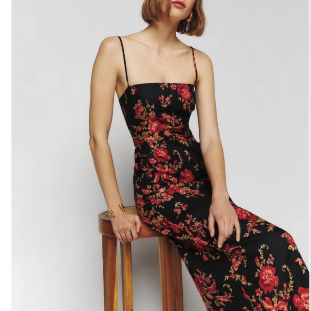 Reformation Black and Red Floral Midi Dress